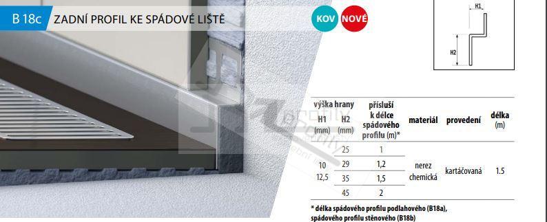 Zadní profil ke spádové liště, 10mm/35mm kartáčovaná nerez chemická